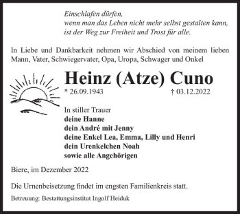 Traueranzeige von Heinz (Atze) Cuno  von Magdeburger Volksstimme