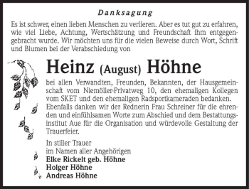 Traueranzeige von Heinz (August) Höhne  von Magdeburger Volksstimme