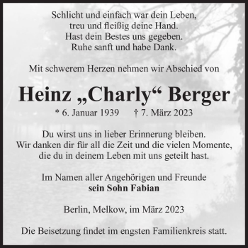 Traueranzeige von Heinz 