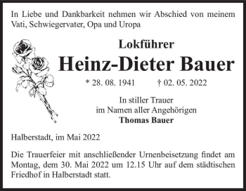 Traueranzeige von Heinz-Dieter Bauer  von Magdeburger Volksstimme