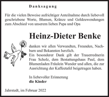 Traueranzeige von Heinz-Dieter Benke  von Magdeburger Volksstimme