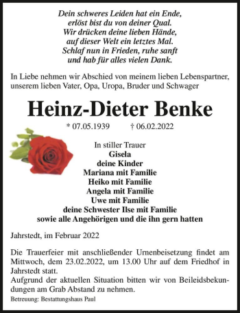 Traueranzeige von Heinz-Dieter Benke  von Magdeburger Volksstimme