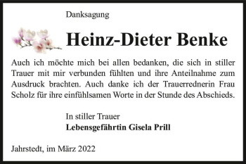 Traueranzeige von Heinz-Dieter Benke  von Magdeburger Volksstimme