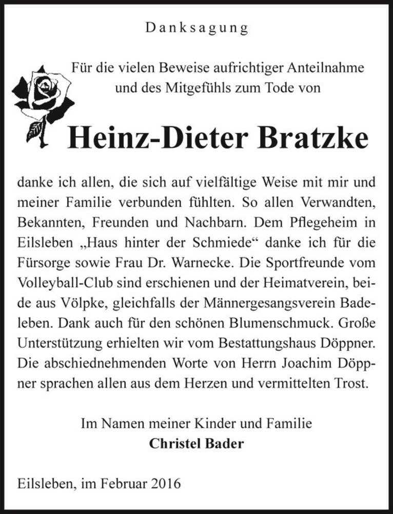  Traueranzeige für Heinz-Dieter Bratzke  vom 01.03.2016 aus Magdeburger Volksstimme