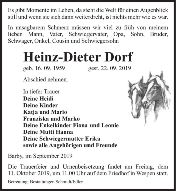 Traueranzeige von Heinz-Dieter Dorf  von Magdeburger Volksstimme