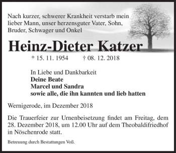 Traueranzeige von Heinz-Dieter Katzer  von Magdeburger Volksstimme