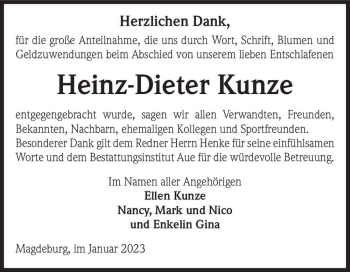 Traueranzeige von Heinz-Dieter Kunze  von Magdeburger Volksstimme
