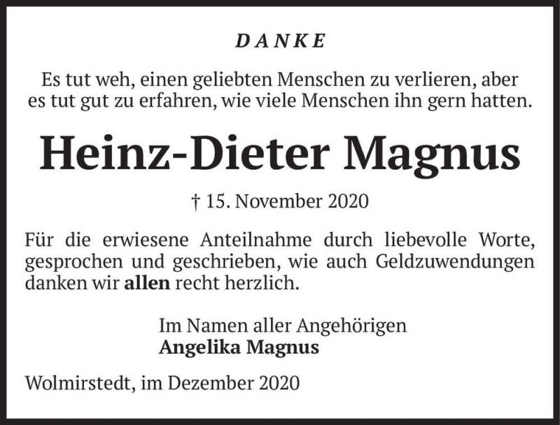  Traueranzeige für Heinz-Dieter Magnus  vom 12.12.2020 aus Magdeburger Volksstimme