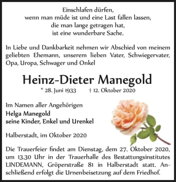 Traueranzeige von Heinz-Dieter Manegold  von Magdeburger Volksstimme