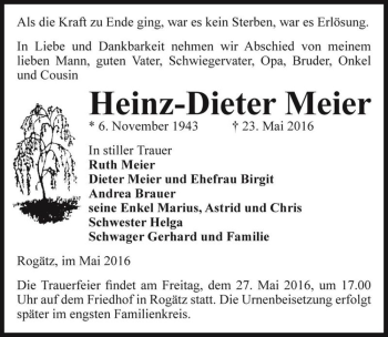 Traueranzeige von Heinz-Dieter Meier  von Magdeburger Volksstimme