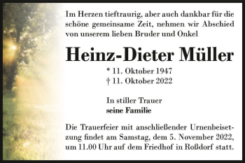 Traueranzeige von Heinz-Dieter Müller  von Magdeburger Volksstimme