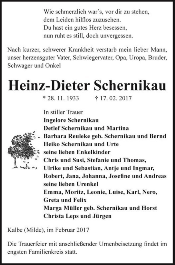 Traueranzeige von Heinz-Dieter Schernikau  von Magdeburger Volksstimme