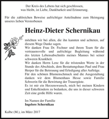 Traueranzeige von Heinz-Dieter Schernikau  von Magdeburger Volksstimme