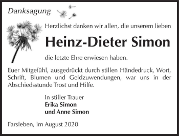 Traueranzeige von Heinz-Dieter Simon  von Magdeburger Volksstimme