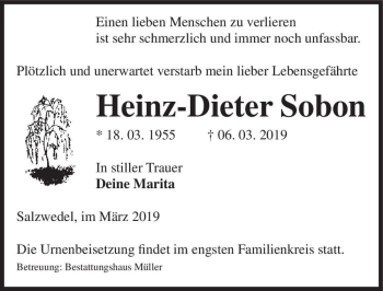 Traueranzeige von Heinz-Dieter Sobon  von Magdeburger Volksstimme