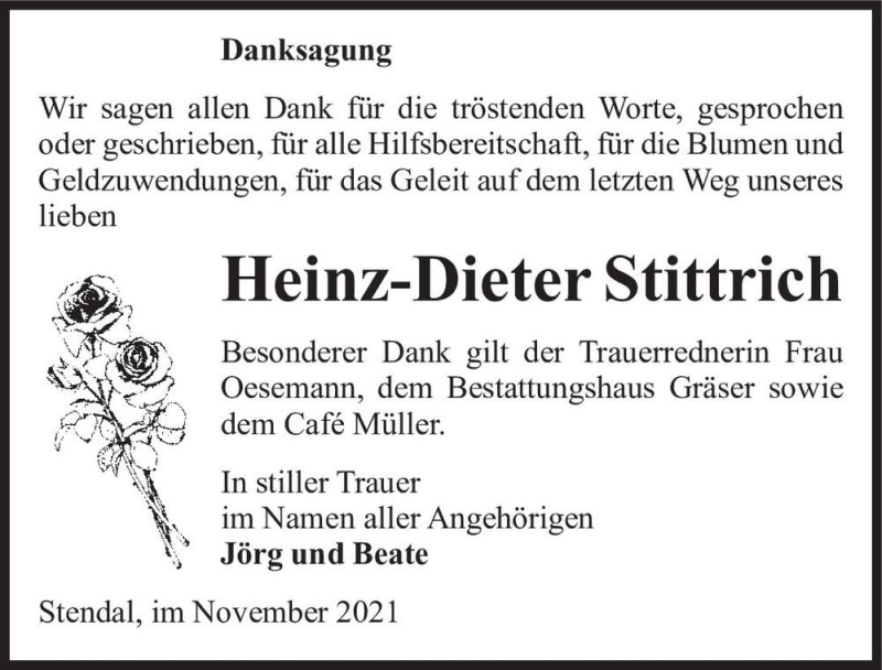  Traueranzeige für Heinz-Dieter Stittrich  vom 10.11.2021 aus Magdeburger Volksstimme