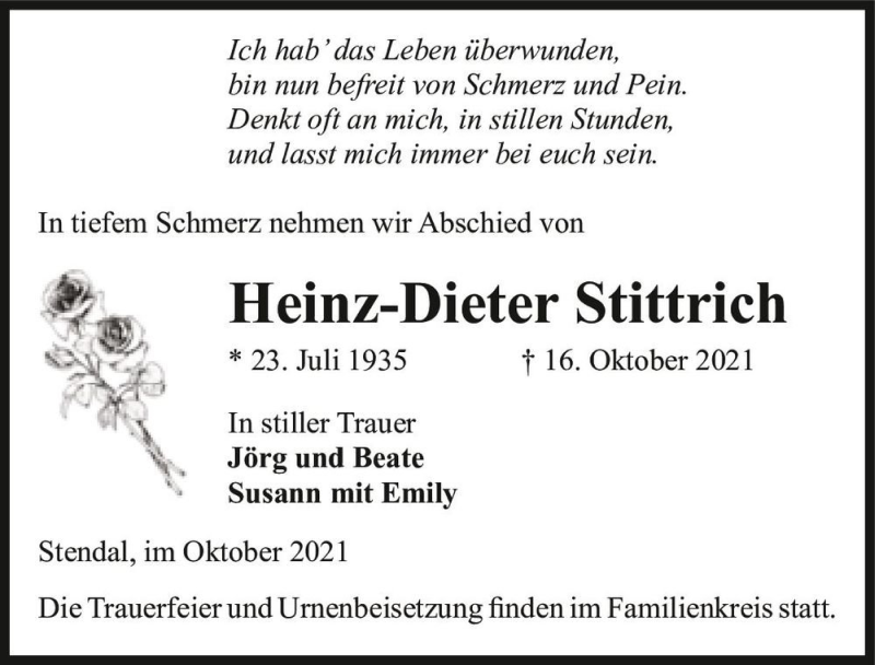  Traueranzeige für Heinz-Dieter Stittrich  vom 20.10.2021 aus Magdeburger Volksstimme