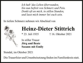 Traueranzeige von Heinz-Dieter Stittrich  von Magdeburger Volksstimme