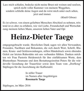 Traueranzeige von Heinz-Dieter Taege  von Magdeburger Volksstimme