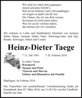 Traueranzeige von Heinz-Dieter Taege  von Magdeburger Volksstimme