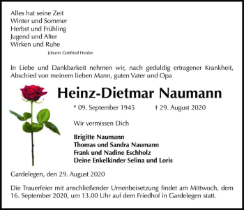 Traueranzeige von Heinz-Dietmar Naumann  von Magdeburger Volksstimme