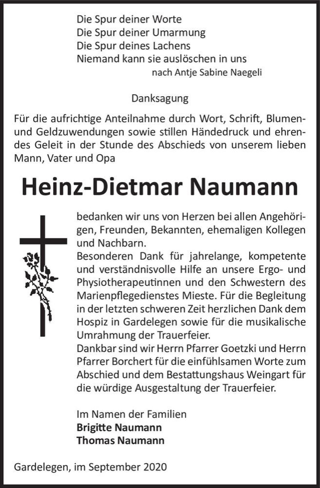  Traueranzeige für Heinz-Dietmar Naumann  vom 25.09.2020 aus Magdeburger Volksstimme