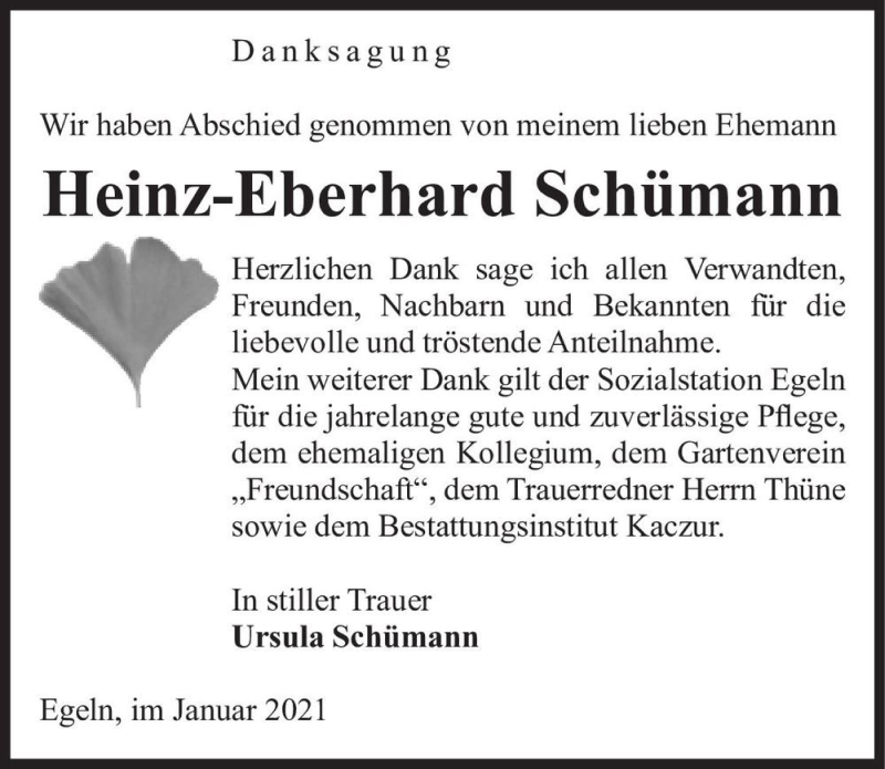  Traueranzeige für Heinz-Eberhard Schümann  vom 26.01.2021 aus Magdeburger Volksstimme