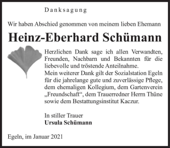 Traueranzeige von Heinz-Eberhard Schümann  von Magdeburger Volksstimme