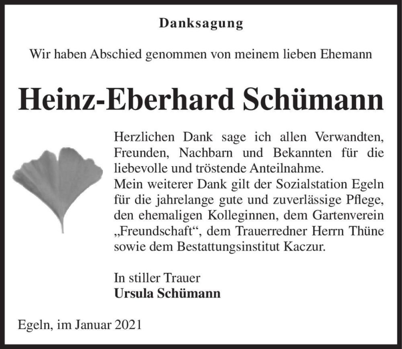  Traueranzeige für Heinz-Eberhard Schümann  vom 23.01.2021 aus Magdeburger Volksstimme