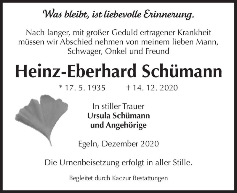  Traueranzeige für Heinz-Eberhard Schümann  vom 19.12.2020 aus Magdeburger Volksstimme