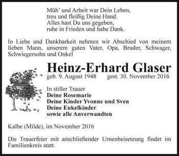Traueranzeige von Heinz-Erhard Glaser  von Magdeburger Volksstimme