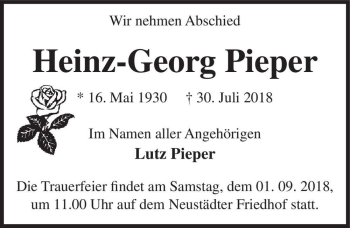 Traueranzeige von Heinz-Georg Pieper  von Magdeburger Volksstimme