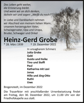 Traueranzeige von Heinz-Gerd Grobe  von Magdeburger Volksstimme