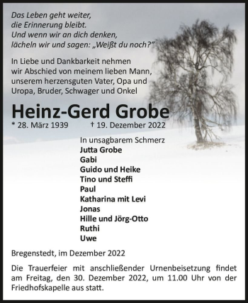 Traueranzeige von Heinz-Gerd Grobe  von Magdeburger Volksstimme