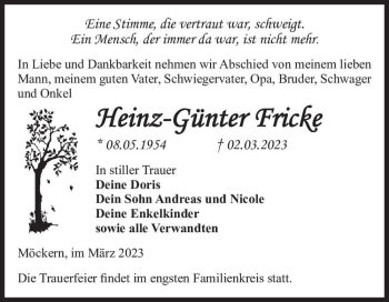 Traueranzeige von Heinz-Günter Fricke  von Magdeburger Volksstimme