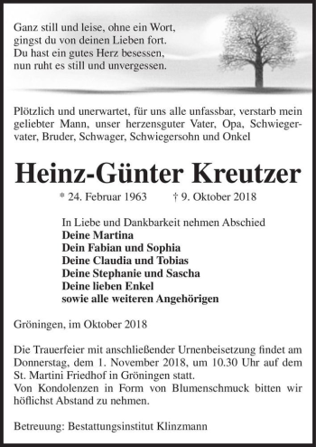 Traueranzeige von Heinz-Günter Kreutzer  von Magdeburger Volksstimme