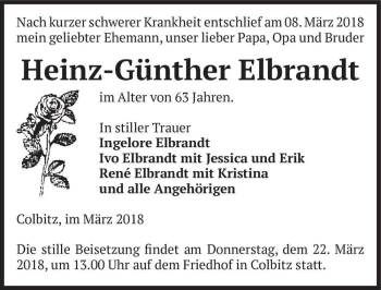 Traueranzeige von Heinz-Günther Elbrandt  von Magdeburger Volksstimme