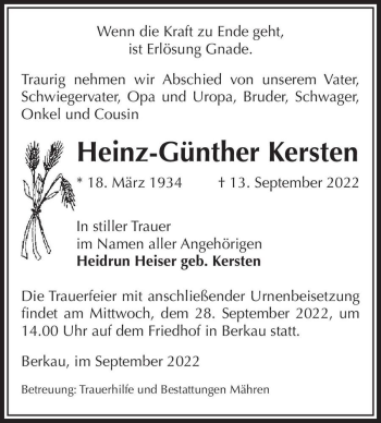 Traueranzeige von Heinz-Günther Kersten  von Magdeburger Volksstimme