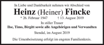 Traueranzeige von Heinz (Heiner) Fincke  von Magdeburger Volksstimme
