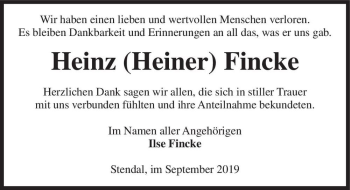 Traueranzeige von Heinz (Heiner) Fincke  von Magdeburger Volksstimme