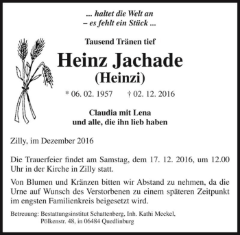 Traueranzeige von Heinz (Heinzi) Jachade  von Magdeburger Volksstimme