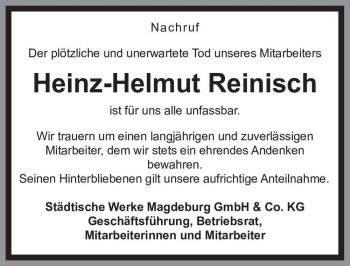 Traueranzeige von Heinz-Helmut Reinisch  von Magdeburger Volksstimme
