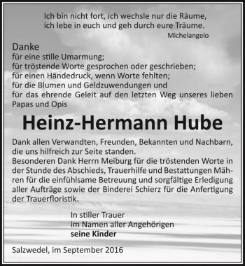 Traueranzeige von Heinz-Hermann Hube  von Magdeburger Volksstimme
