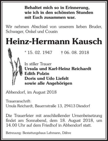 Traueranzeige von Heinz-Hermann Kausch  von Magdeburger Volksstimme