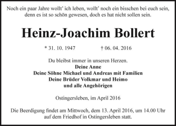 Traueranzeige von Heinz-Joachim Bollert  von Magdeburger Volksstimme