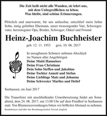 Traueranzeige von Heinz-Joachim Buchheister  von Magdeburger Volksstimme