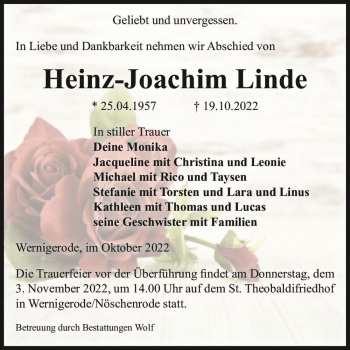 Traueranzeige von Heinz-Joachim Linde  von Magdeburger Volksstimme