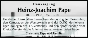 Traueranzeige von Heinz-Joachim Pape  von Magdeburger Volksstimme