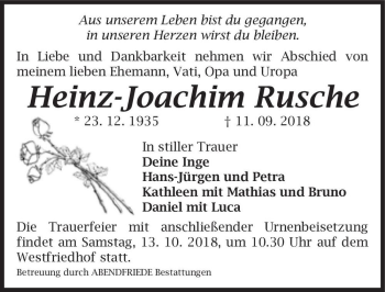 Traueranzeige von Heinz-Joachim Rusche  von Magdeburger Volksstimme