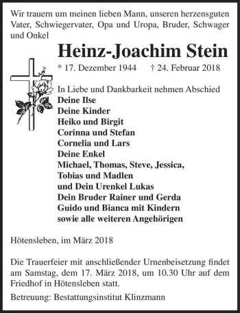 Traueranzeige von Heinz-Joachim Stein  von Magdeburger Volksstimme